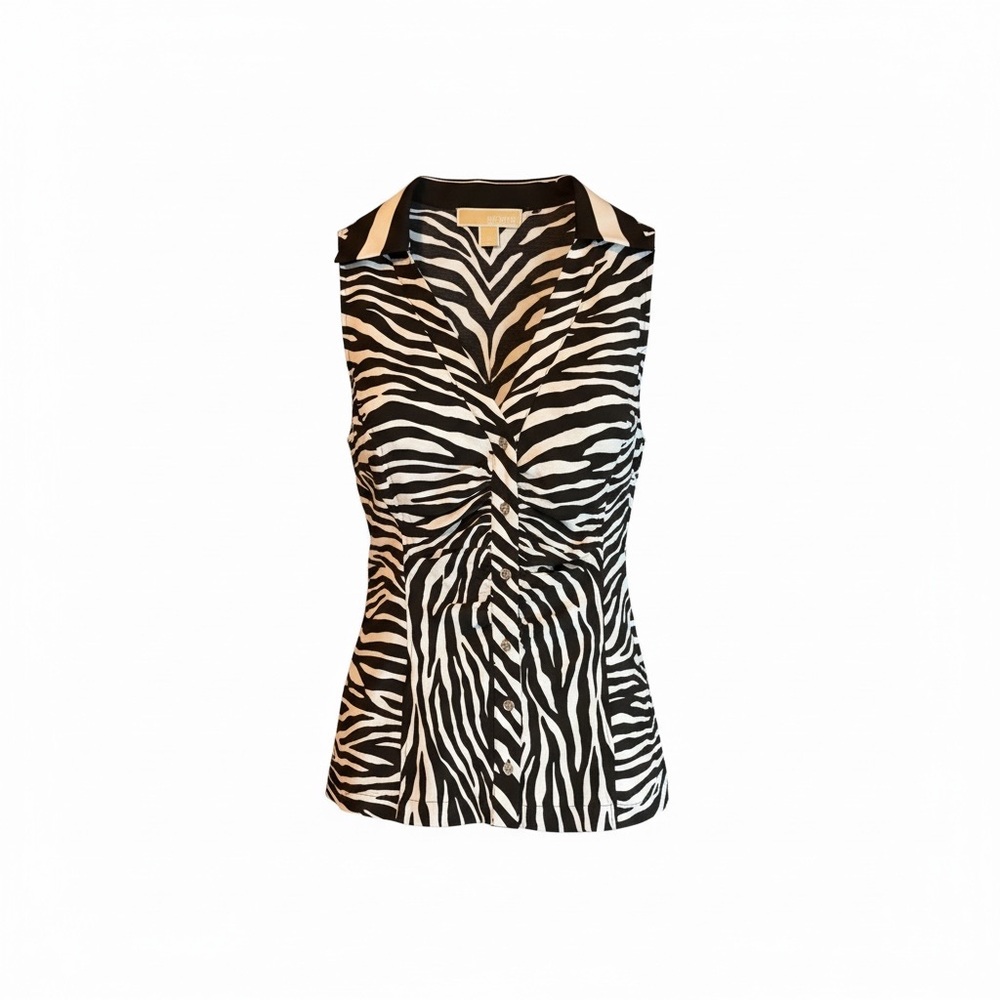 120–MICHAEL Michael Kors Black & White Zebra-Print Sleeveless Twist-Front Top
